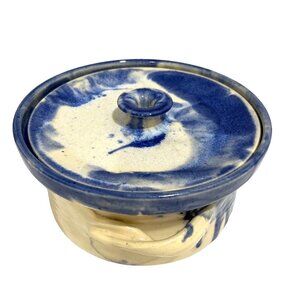 Handmade Ceramic Blue & Cream Stoneware Casserole Dish With Lid 8" Diameter